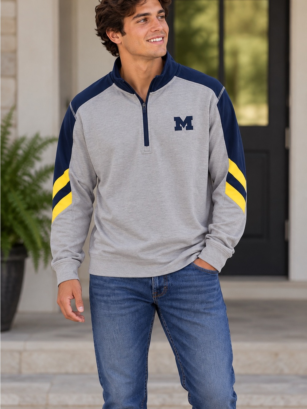 Michigan University Gray / Navy Quarter-Zip Sweater with Yellow Stripes - M Logo